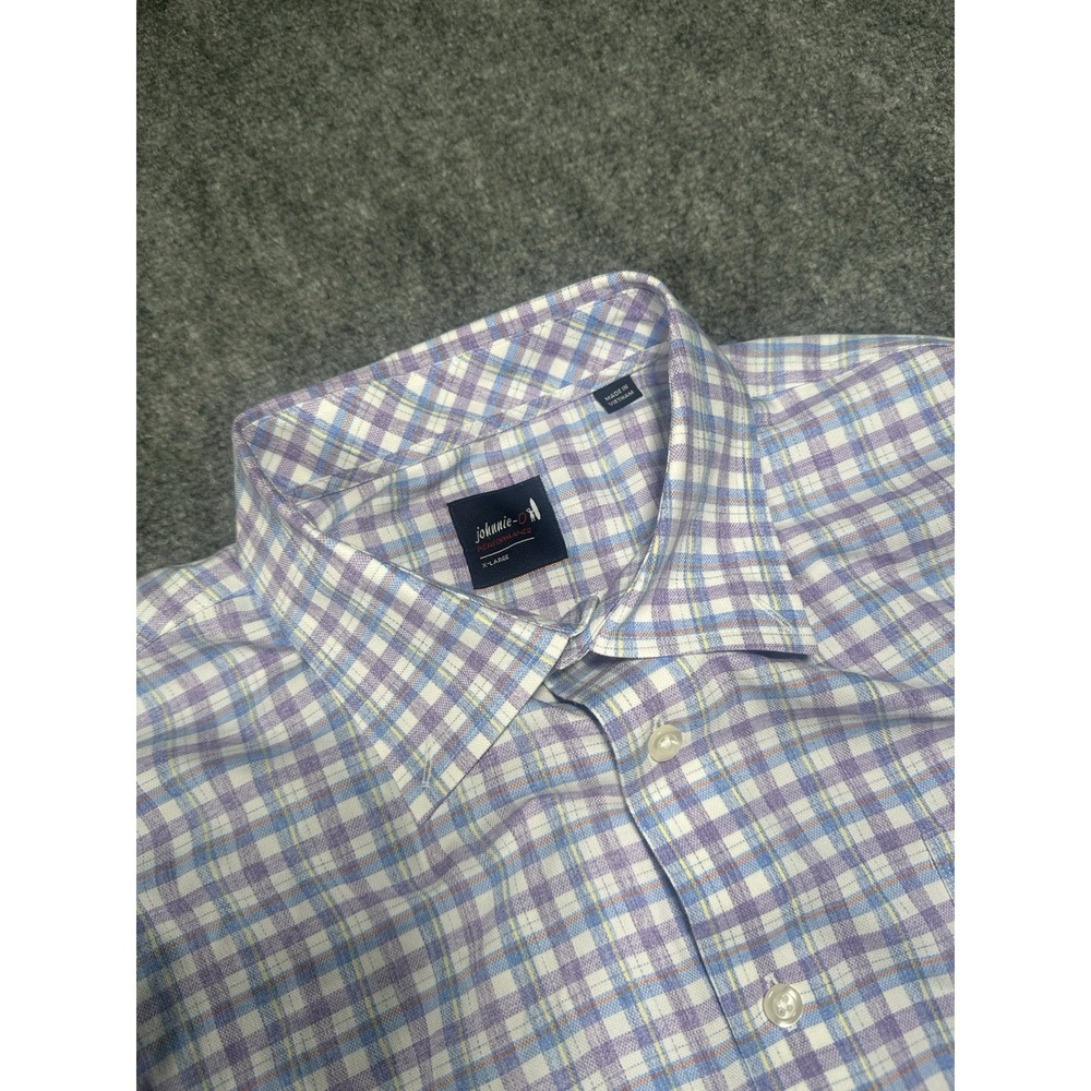 Johnnie O Mens XL Purple Plaid Button Down Performance Shirt Nylon Blend Stretch